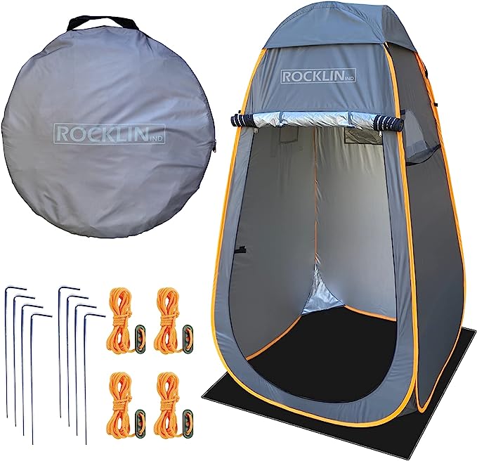 Rocklin Shower Tent and its accessories depicted